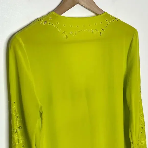 Veronica Beard Womens Long Sleeve Silk Blouse 0 Green Floral Embroidered V Neck - Picture 8 of 16